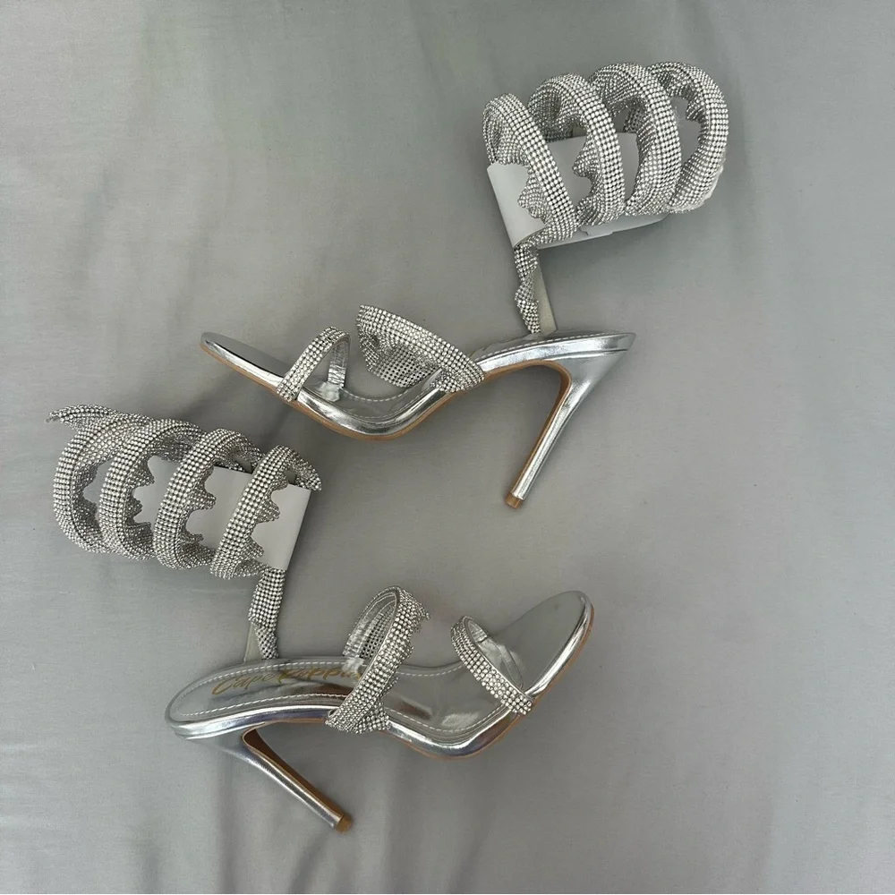 Cape Robbin Silver Rhinestone Wrap Gladiator High Heel Sandals